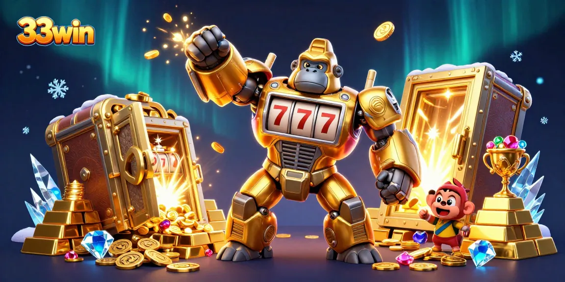 Experience thrilling wins at 33win, featuring a dynamic scene of a golden mech and treasure galore.