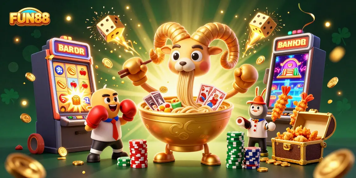 Experience winning thrills with FUN88 in an ultra-detailed 3D casino illustration featuring dynamic games and characters.