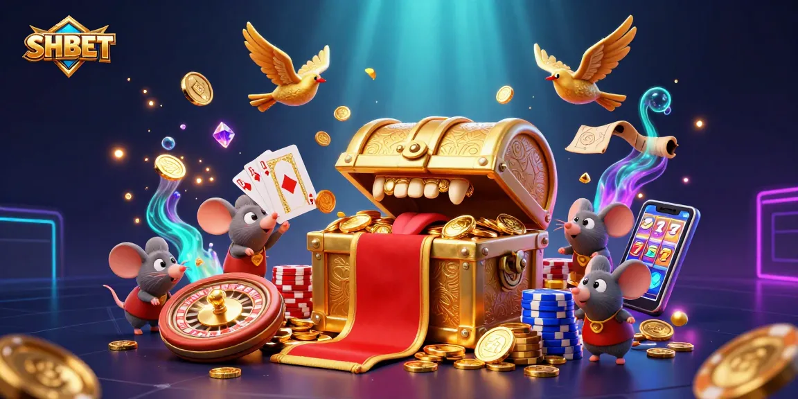 Experience the thrilling world of SHBET with vibrant gaming, golden treasures, and dynamic casino elements.