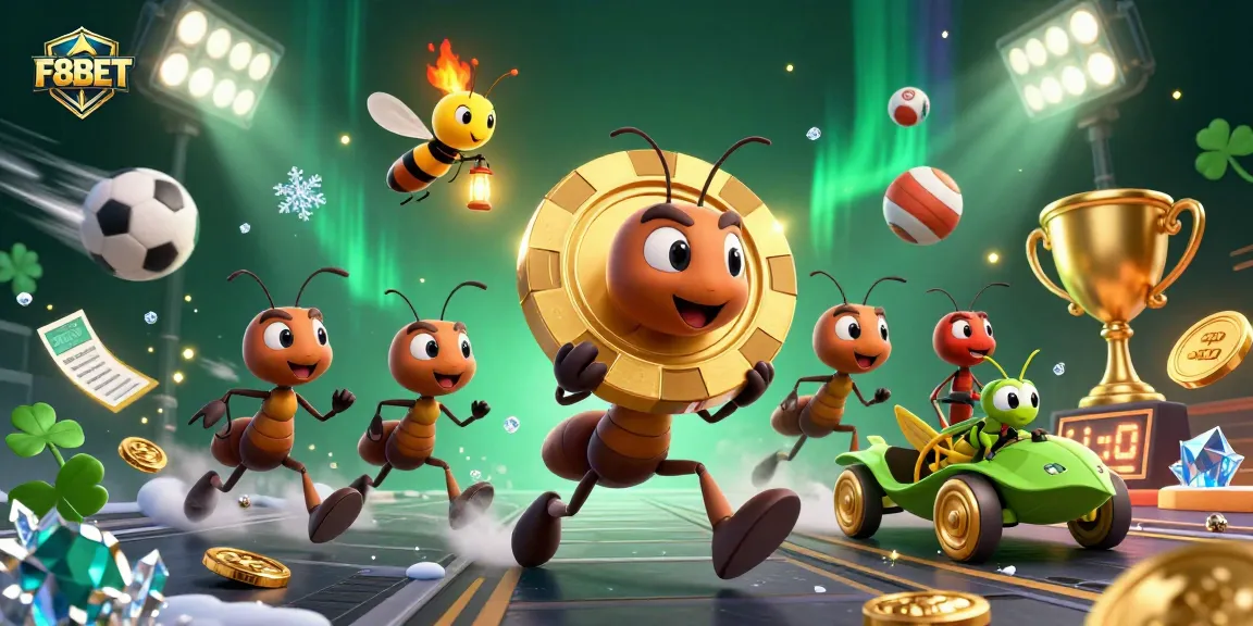 Experience the F8BET thrill as cartoon ants heist a giant poker chip with vibrant sports action all around.