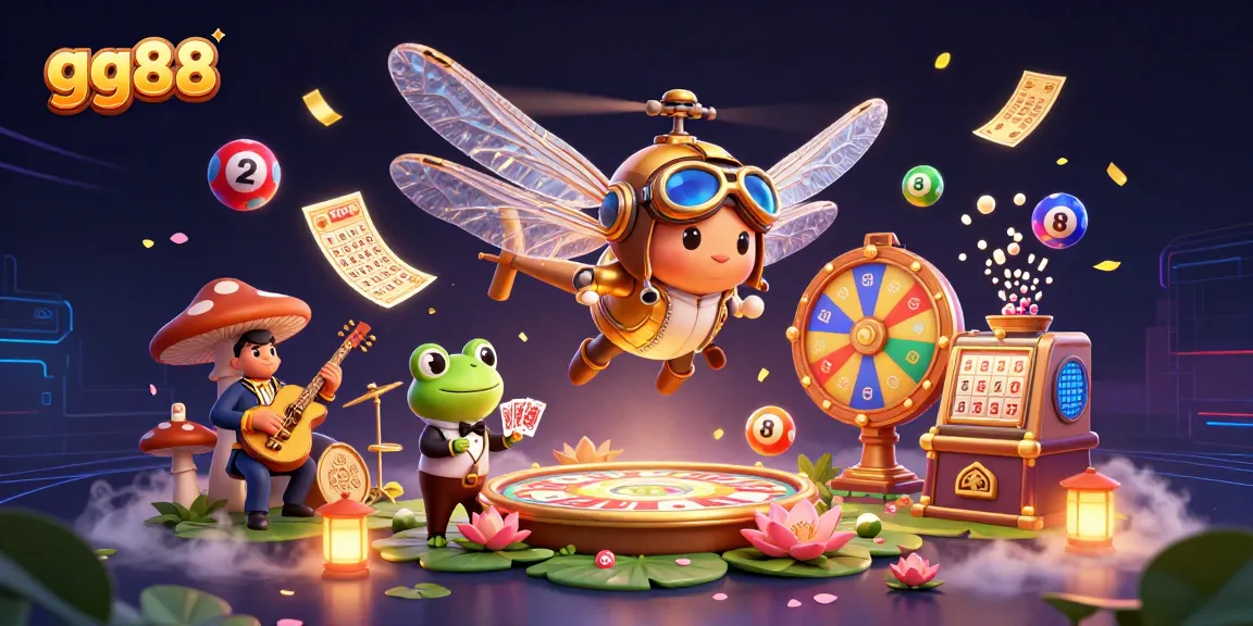 Engage with gg88's vibrant casino scene featuring a helicopter pilot dragonfly and a frog dealer in action.