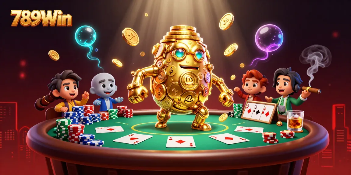 Engage with the dynamic gaming universe of 789Win featuring a golden golem, poker elements, and vibrant 3D graphics.
